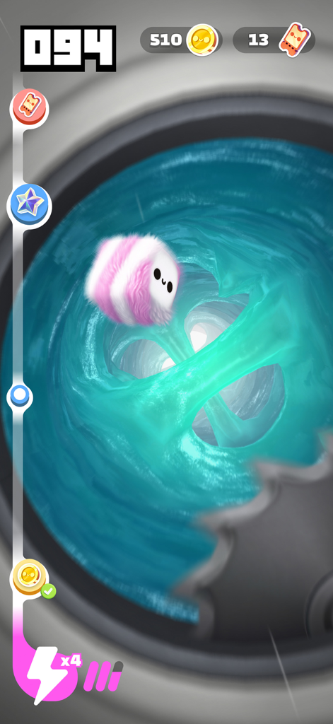 A pink striped fluffy character falling through a swirling blue tunnel near a saw blade obstacle in Fluffy Fall
