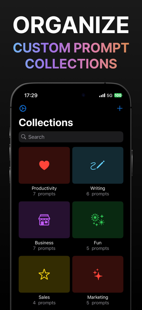 PromptKit: AI Helper - PromptKit app interface showing organized AI prompt categories such as business and writing