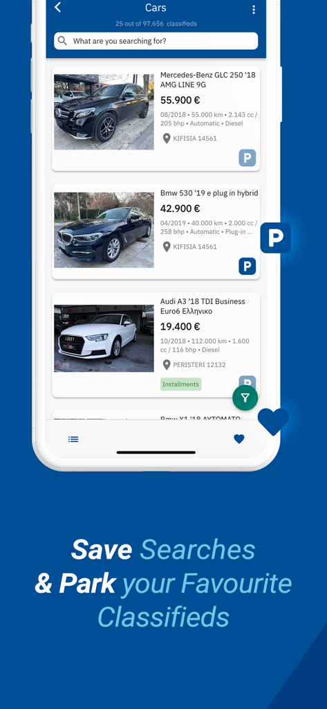 Aplicación Car.gr mostrando anuncios de coches con la opción de guardar búsquedas favoritas