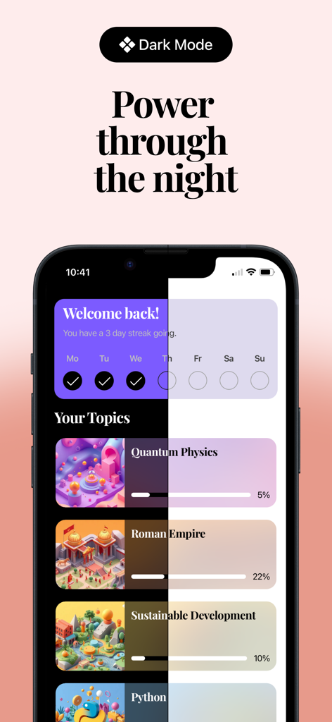 Hivemind: Study by Scrolling - Split-screen view showing the Hivemind study app interface in both dark and light modes with a topic list and study streak tracker.