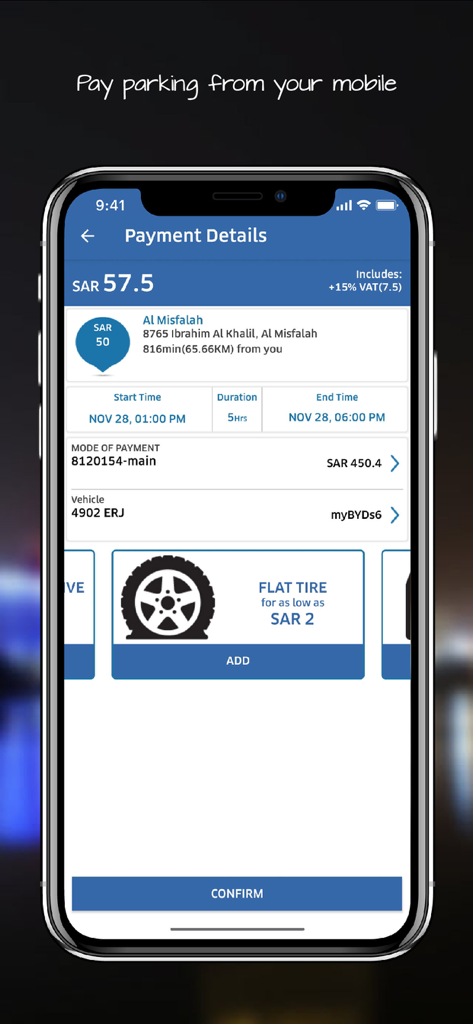 Mawgif app payment details screen showing parking cost and vehicle information