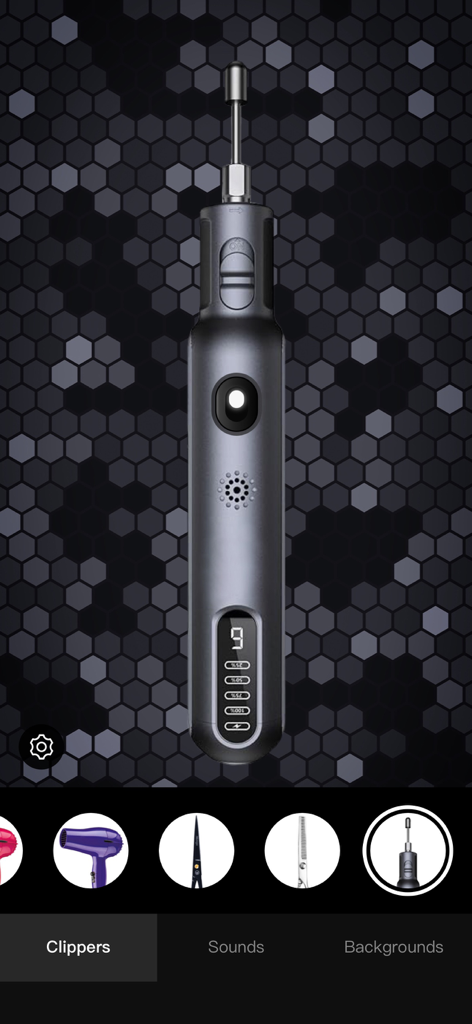 A realistic digital hair clipper tool with a dark hexagonal background
