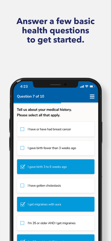 Uma tela de smartphone mostrando o questionário de histórico médico no aplicativo Planned Parenthood Direct.