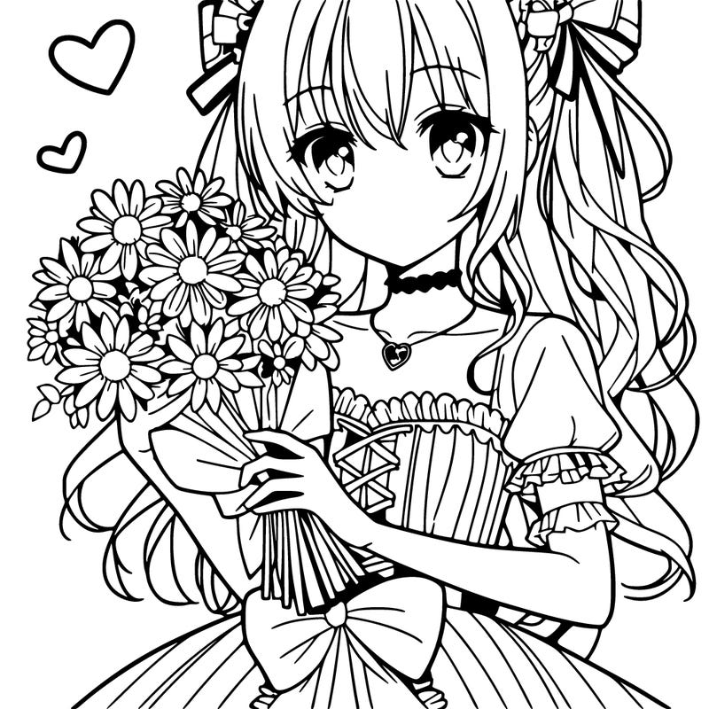 an anime girl in a dress holding flowers for valentines day