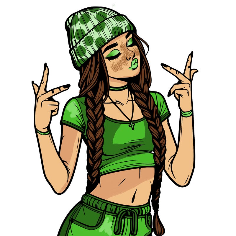 realistic teenage girl with braids and a beanie and crop top doing 🫶🏼