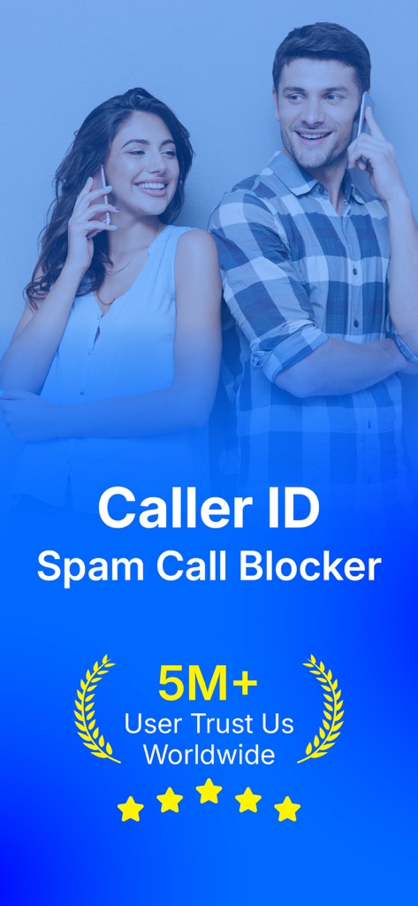 Caller ID - Spam Call Blocker - 전 세계 5백만 명 이상의 신뢰받는 사용자를 보여주는 전화번호 식별 및 스팸 전화 차단기 앱 프로모션 화면