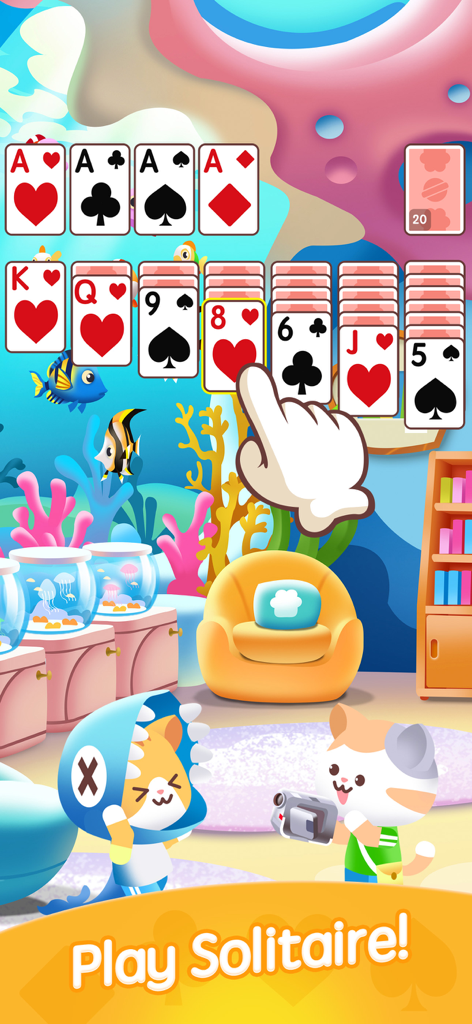 Classic solitaire card game with cute kittens and underwater room decor