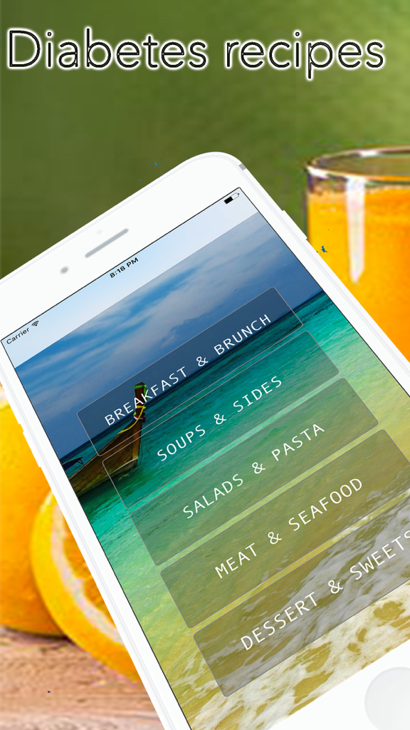 Diabetes recipes app screen displaying meal categories like Breakfast, Soups, Salads, and Meat