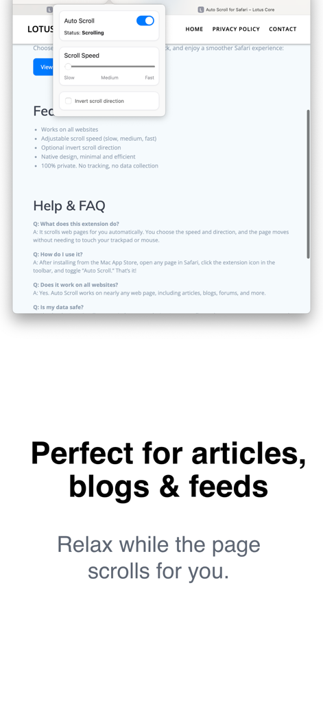 Auto Scroll for Safari - Auto Scroll for Safari extension interface showing speed adjustment slider and auto scroll toggle on a web page.