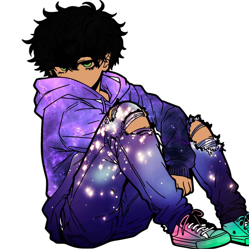 a male hoddie ripped jeans messy hair anime