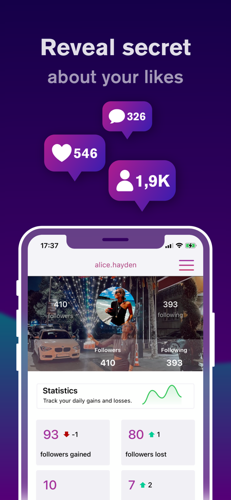 Profile Reports Tracker - Un'interfaccia di app mobile che visualizza statistiche sui profili dei social media, inclusa la crescita dei follower e le metriche di coinvolgimento.