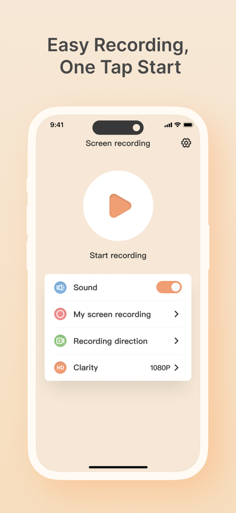 Interfaz de la aplicación móvil Screen Recorder que muestra el botón de inicio de grabación y configuraciones como sonido y claridad