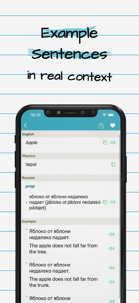 Interfaz de la aplicación Diccionario Ruso Inglés que muestra traducciones y oraciones de ejemplo para la palabra 'apple' en contexto.