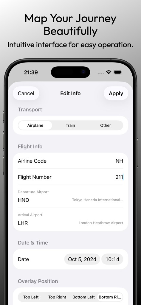 Passage: Mapping Your Moments - The Edit Info interface of the Passage app showing flight details for a trip from Tokyo Haneda to London Heathrow.