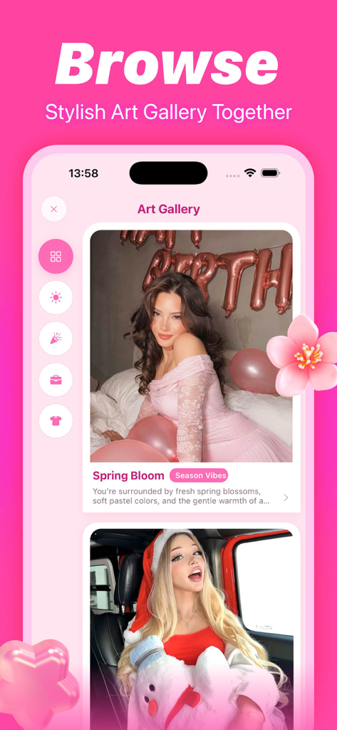 Lurr - Lurr app art gallery screen showing AI transformed photos in Spring Bloom and festive styles