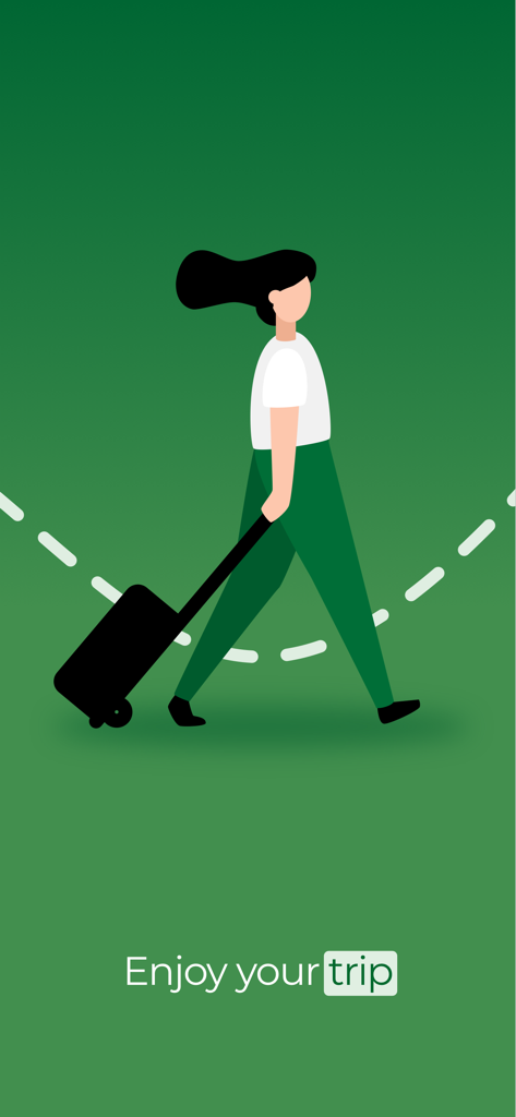 Illustration of a woman walking with a suitcase on a green background with the text Enjoy your trip.