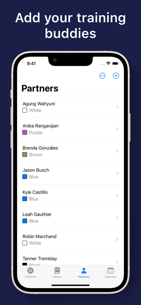 Martial Arts Training Journal - List of training partners with belt colors in the ProgressGuard martial arts app