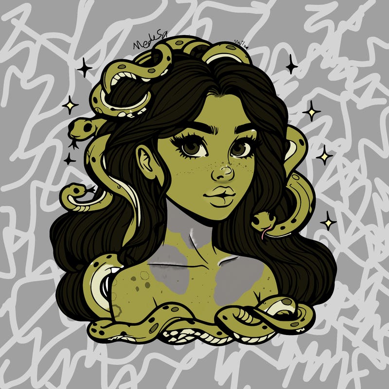 realistic girl with snakes as hair
