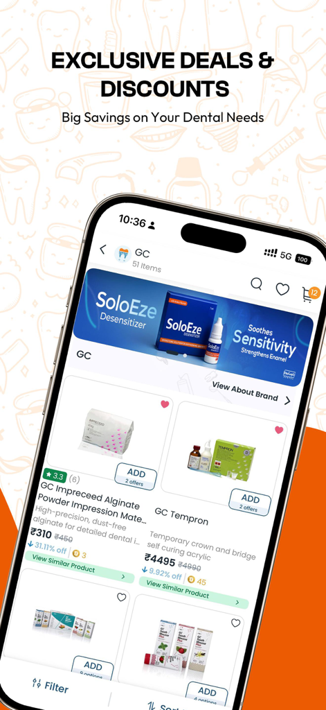Screenshot of the Dentalkart app interface showing exclusive deals and discounts on professional dental products and supplies