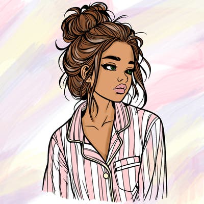 realistic woman with pajamas on and a messy bun
