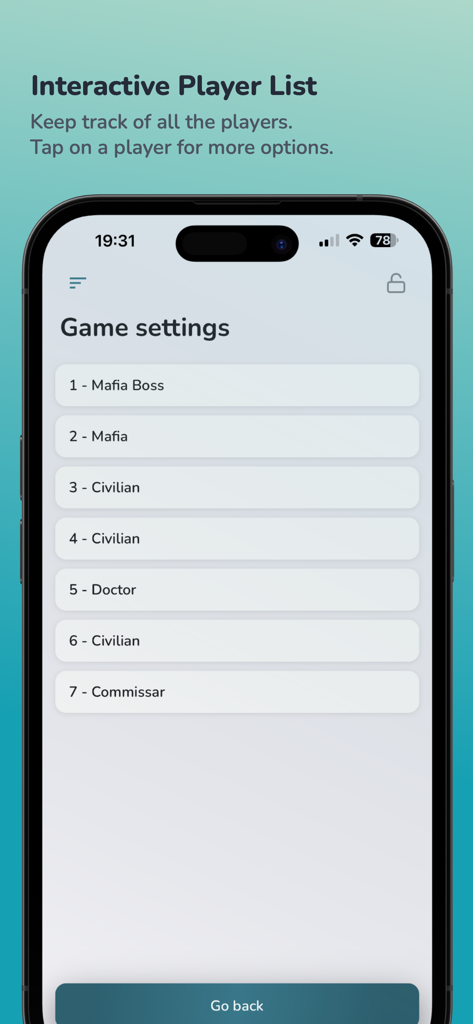 Mafia - Role game - Interaktiver Spielerlistenbildschirm, der die zugewiesenen Rollen für eine Mafia-Spielrunde auf einem iPhone zeigt