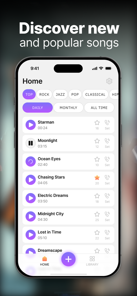 VibeCall app home screen showing popular ringtones and music genres