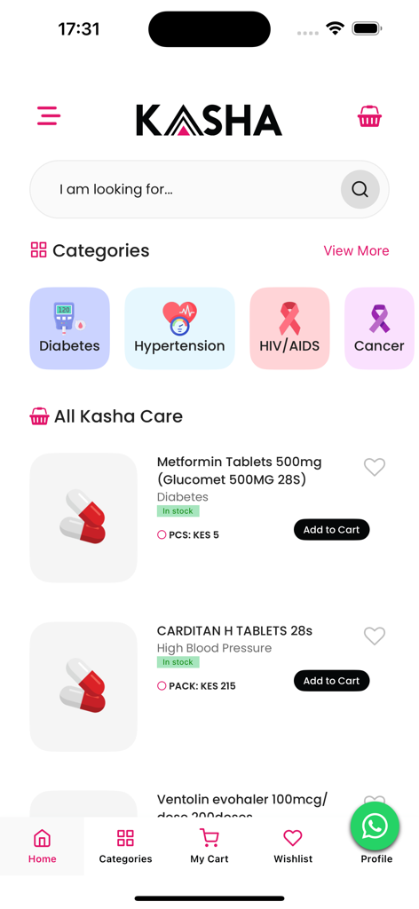 Kasha Care - Kasha Care 모바일 앱 인터페이스, 건강 카테고리 및 처방약 목록을 보여줍니다.