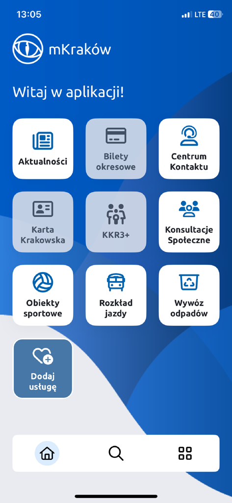 mKraków - Painel do aplicativo móvel mKrakow mostrando ícones para serviços municipais como transporte e coleta de lixo