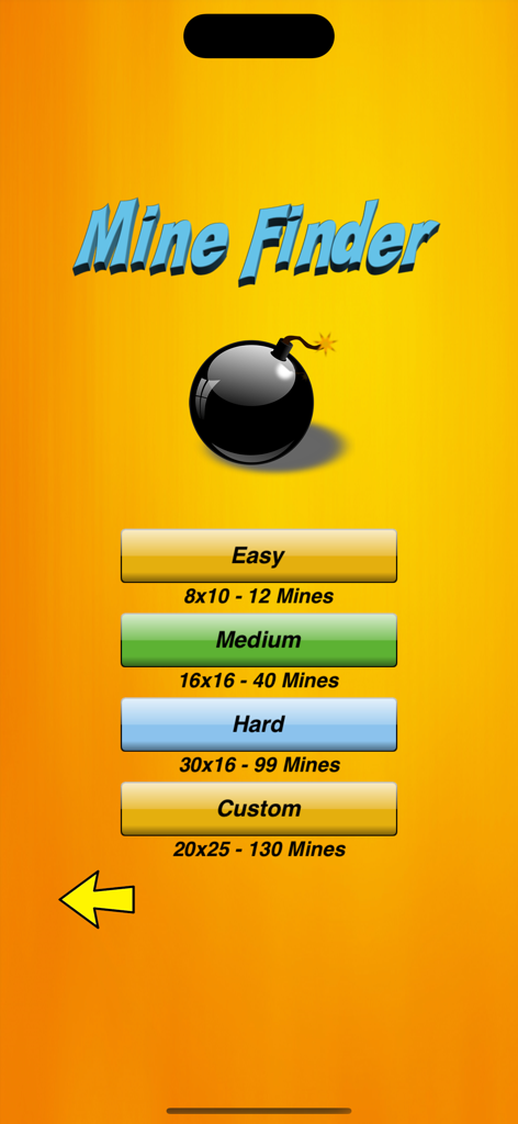 Mine Finder Professional main menu displaying easy medium hard and custom difficulty levels