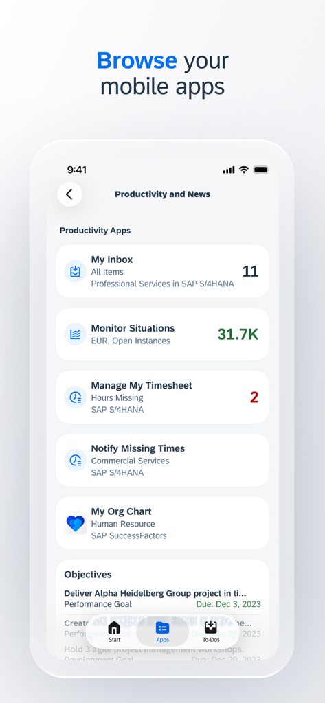 SAP Mobile Start - SAP Mobile Start app interface showing a list of business productivity applications including inbox situations and timesheets