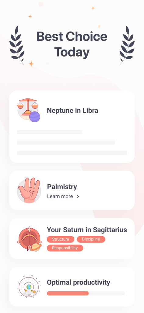 Daily Horoscope App 2024 interface displaying astrological insights like Neptune in Libra and Palmistry
