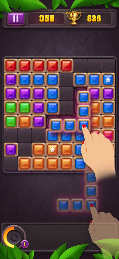 Hand dragging an L-shaped blue gem block into a grid in Block Puzzle Star Gem