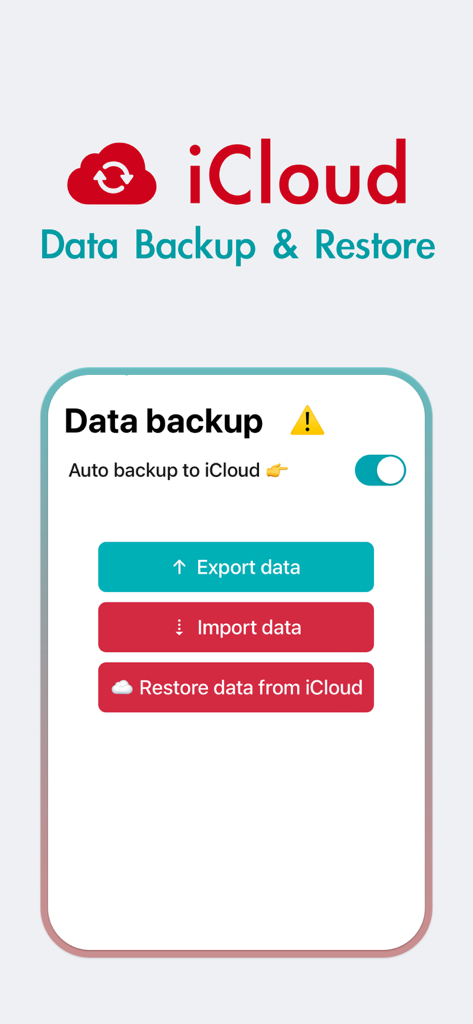 KeepBP - blood pressure app - Interface of KeepBP app showing options for iCloud data backup restore and export