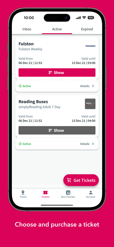 UK Bus Checker - Active digital bus tickets screen in the UK Bus Checker app