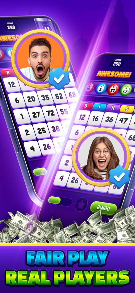 Real Money Bingo - Win Cash - Real Money Bingo app interface showing fair play with real players and cash prizes