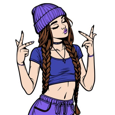 realistic teenage girl with braids and a beanie and crop top doing 🫶🏼