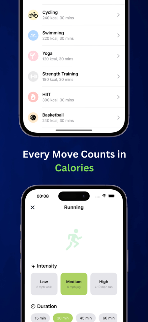 KCal - Calorie Tracker AI - Pantallas de smartphone que muestran una lista de actividades de fitness y opciones para registrar una sesión de carrera con intensidad y duración