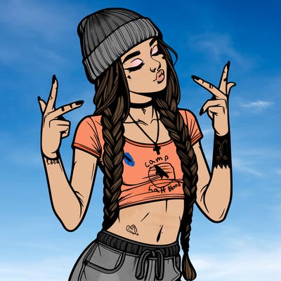 realistic teenage girl with braids and a beanie and crop top doing 🫶🏼