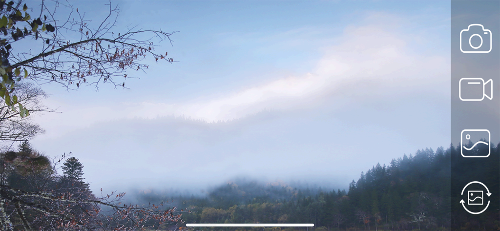 SKY-WiFi-Drone app interface showing a real-time aerial camera view of a misty forest with control buttons
