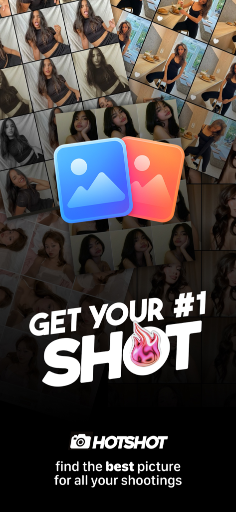 Hotshot App Splashscreen zeigt ein Raster von Selfies mit dem Text Hol dir deinen Nummer 1 Shot und finde das beste Bild für all deine Shootings
