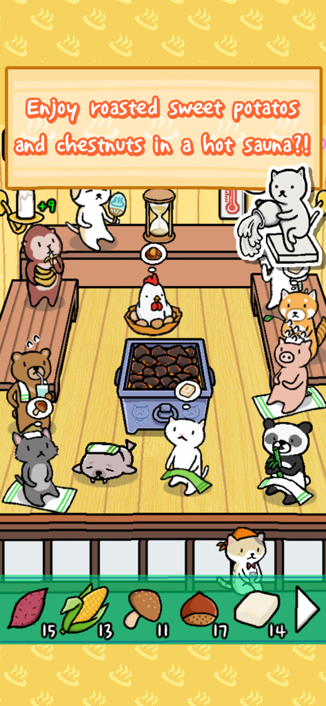 Cute animals relaxing and roasting snacks in a sauna