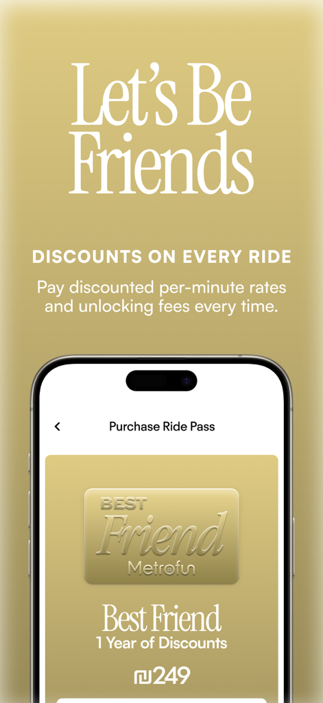 Metrofun® - Making Bikes Fun. - Metrofun app screen showing the Best Friend ride pass offering one year of discounts on bike rentals and unlocking fees