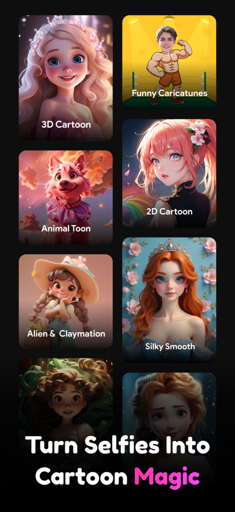 A showcase of different AI generated cartoon styles including 3D 2D anime and caricatures