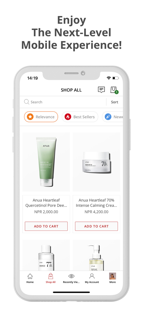 Prettyclicknepal - Prettyclick mobile app interface showing various skincare products for sale with add to cart buttons.