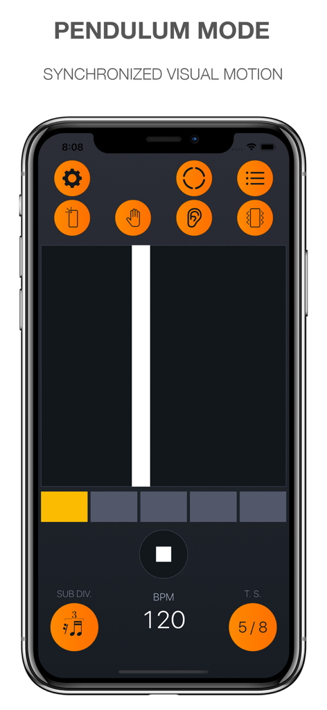 Band Metronome: Tempo, Setlist - Interfaz de la aplicación Metrónomo de Banda mostrando el modo péndulo con una barra blanca vertical para sincronización visual del tempo a 120 BPM