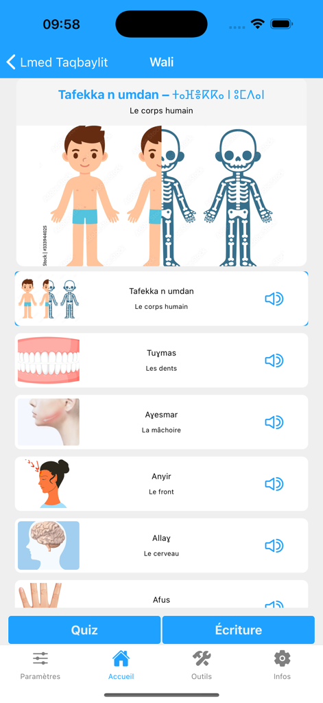 Lmed Taqbaylit - A vocabulary lesson in the Lmed Taqbaylit app showing human body parts in Kabyle and French with illustrations and audio icons.