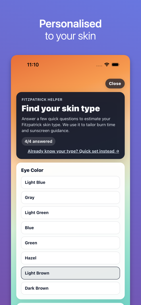 UVLens - UV Index - UVLens app screen for personalized Fitzpatrick skin type assessment using eye color selection