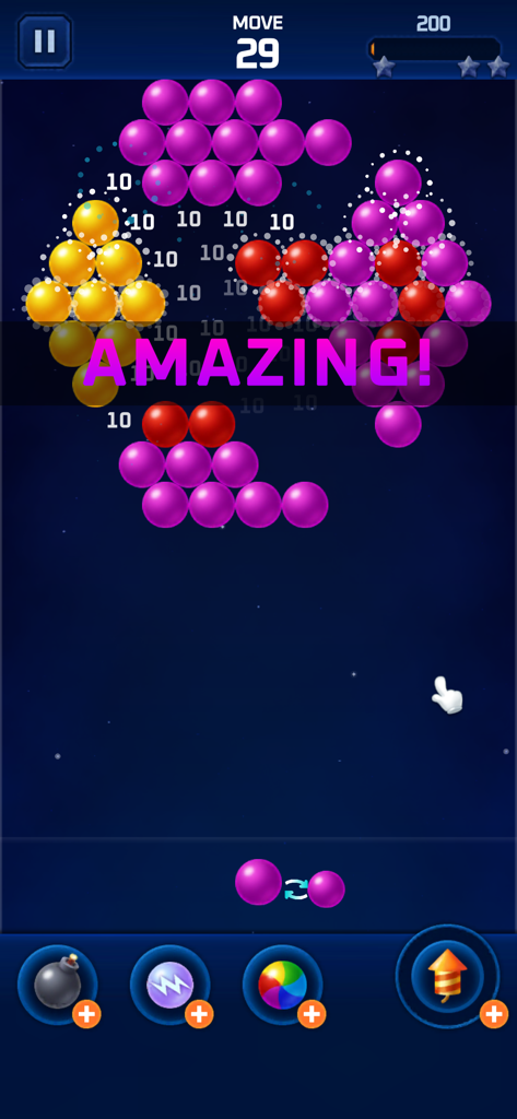 Bubble Star Plus : BubblePop! - Gameplay of Bubble Star Plus showing colorful bubbles and an Amazing message in a space-themed puzzle.