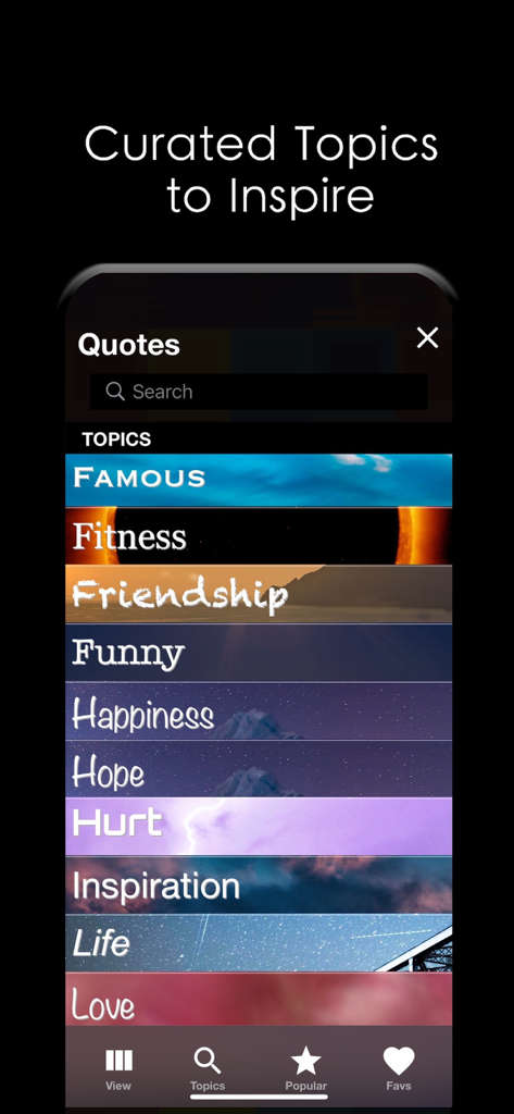 Quotes” Daily Inspiration - Interfaz de la aplicación Quotes que muestra varios temas seleccionados como Fitness, Amistad y Felicidad con hermosos fondos.