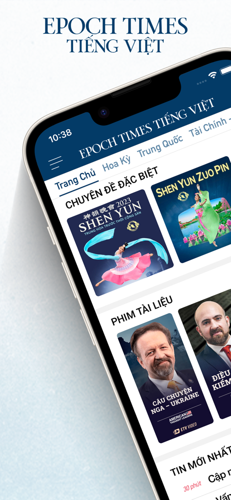 Interfaccia dell'app di notizie Epoch Times Tiếng Việt in lingua vietnamita